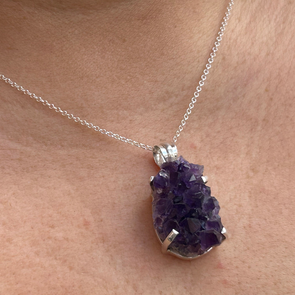 Amethyst Geode Cluster Crystal Silver Necklace