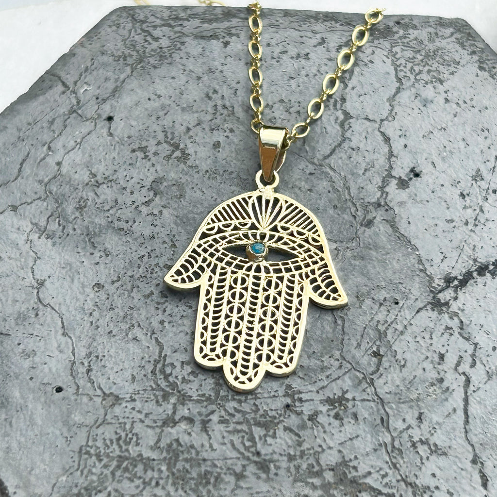 Turquoise ans Brass Hamsa Pendant Necklace | Handmade Jewellery