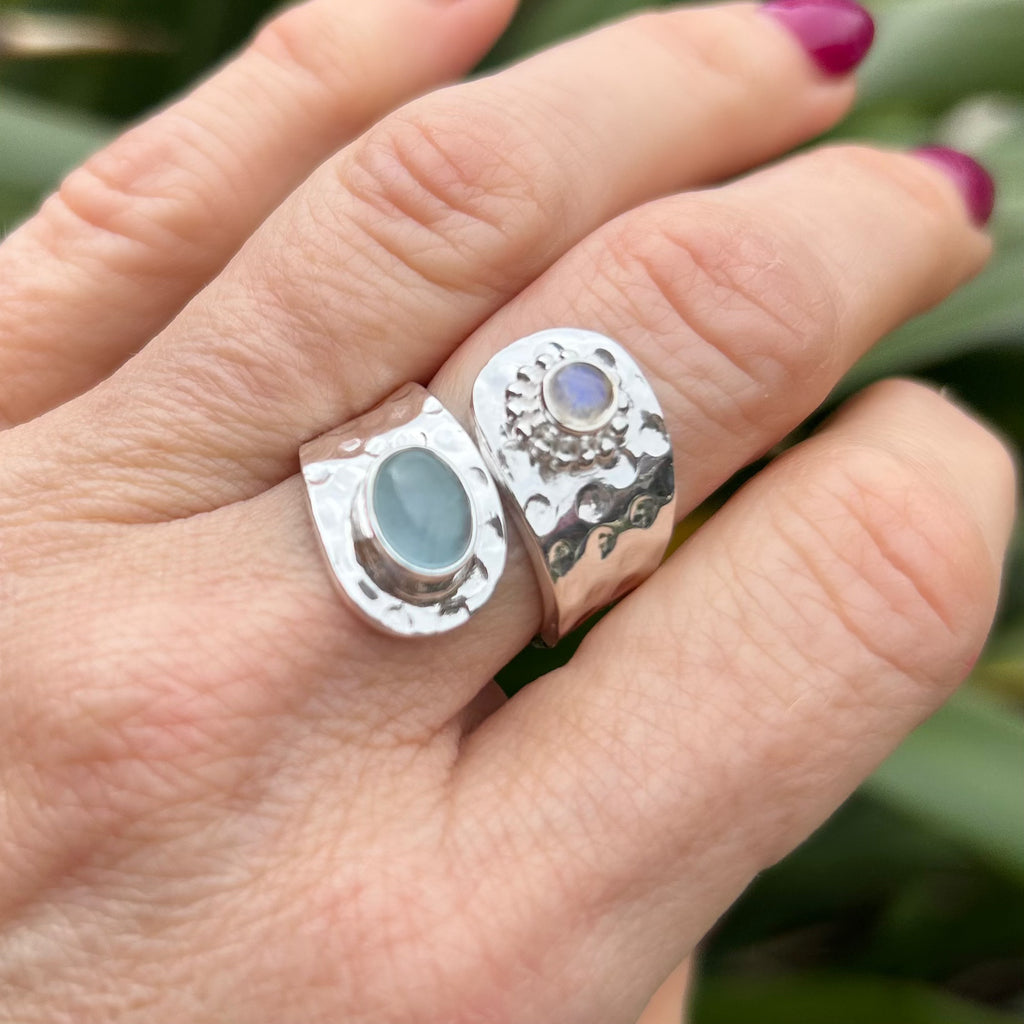 Silver Hammered Aquamarine Ring | Sterling Silver Adjustable Rings