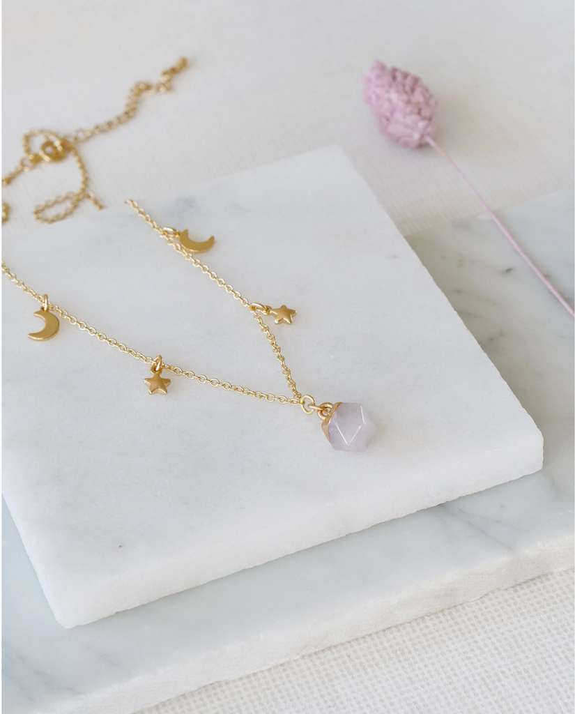 Gold Tone Rose Quartz Pendant Moon & Star Pendant Necklace