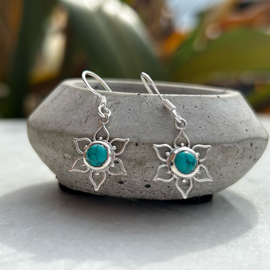 Lotus Flower Mandala Earrings - Silver and Turquoise