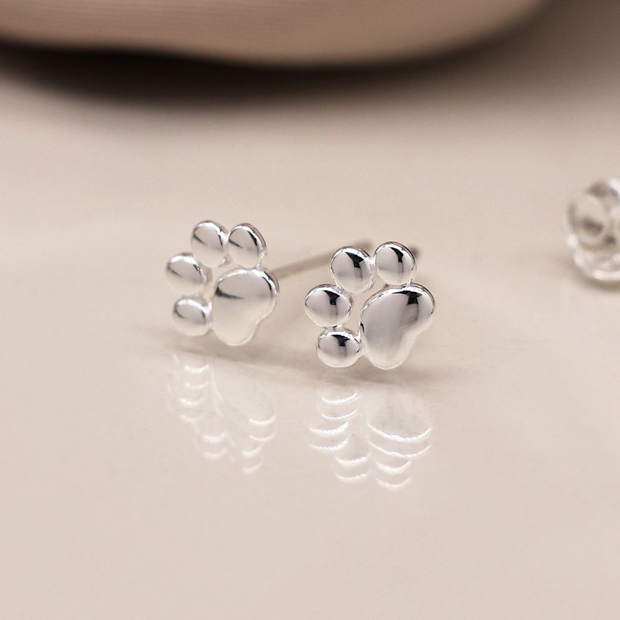 Tiny Silver Paw Print Stud Earrings