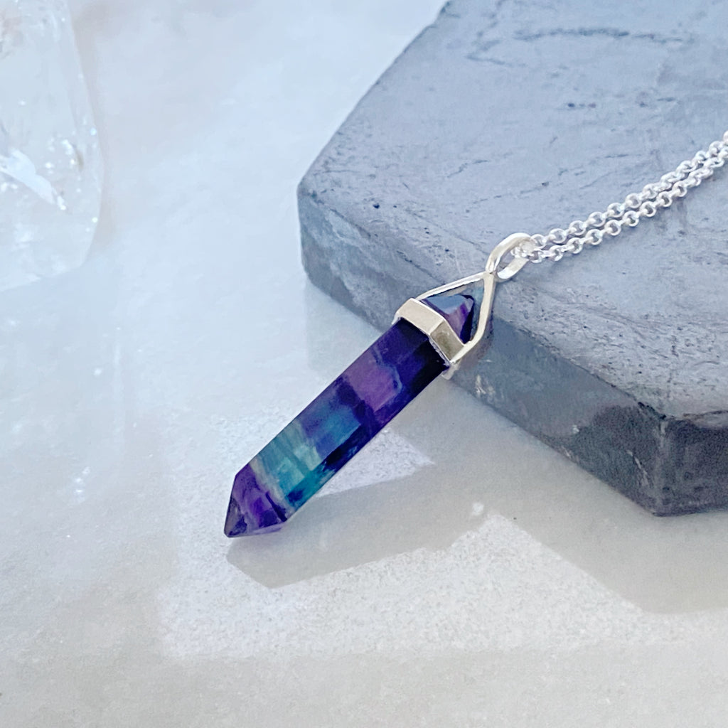 Consciousness Healing Crystal Necklace, Fluorite Silver Point Necklace