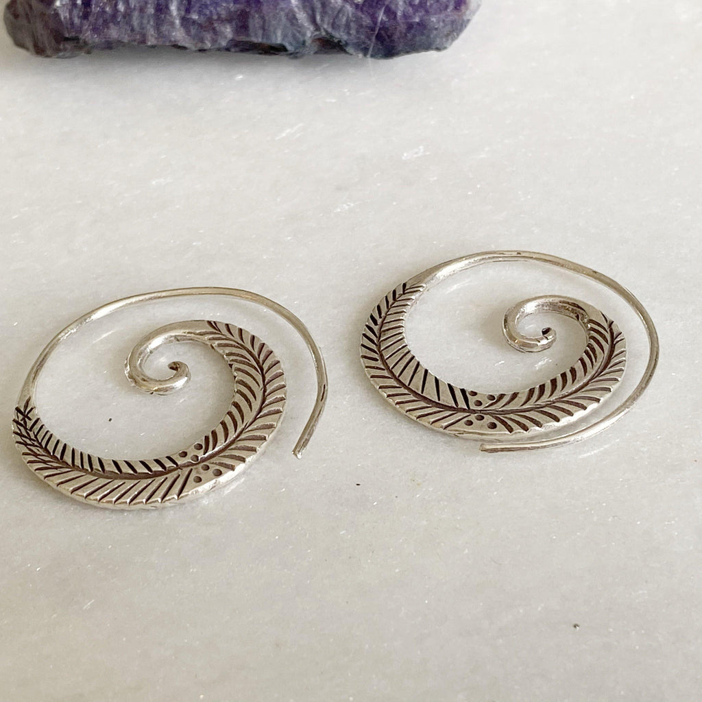 Hill Tribe Silver Feather Spiral Earrings - Earth and Elements Jewellery