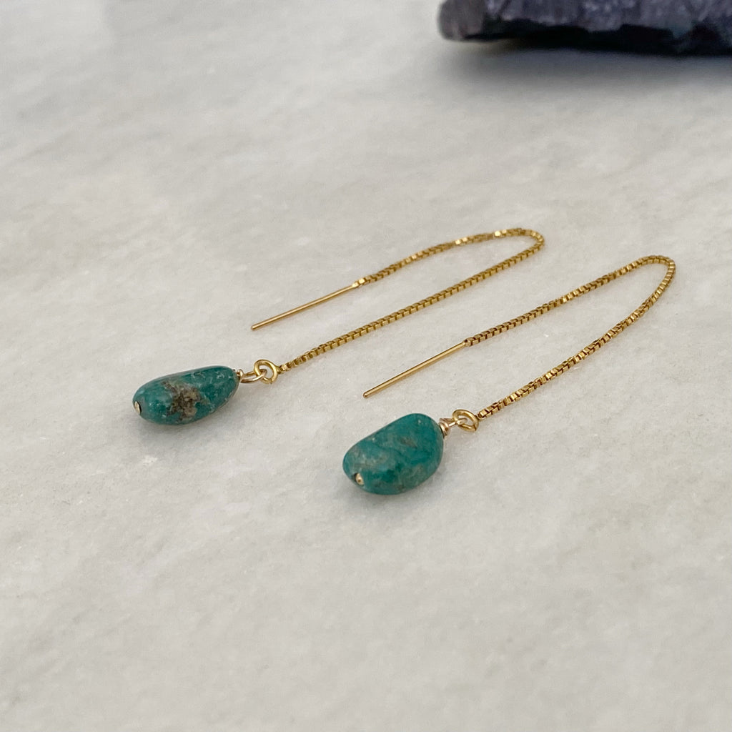 Turquoise Gold Filled Ear Threader Earrings | Gold pull through earrings
