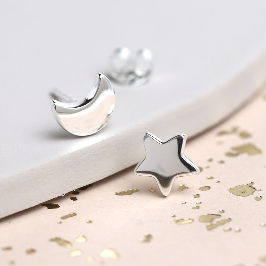 Missmatch Moon and Star Silver Earrings | Celestial Jewellery