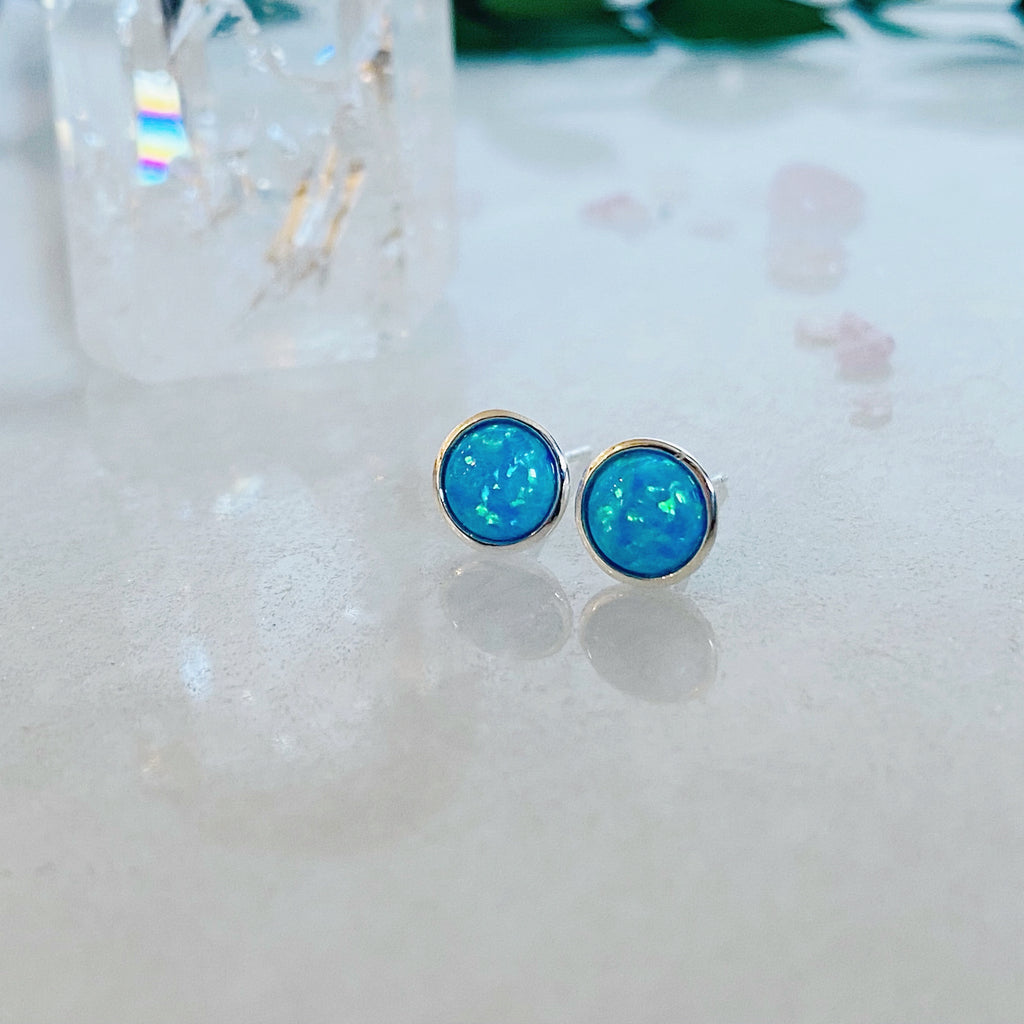 Blue Flash Opal Stud Earrings | Silver Opal Earrings