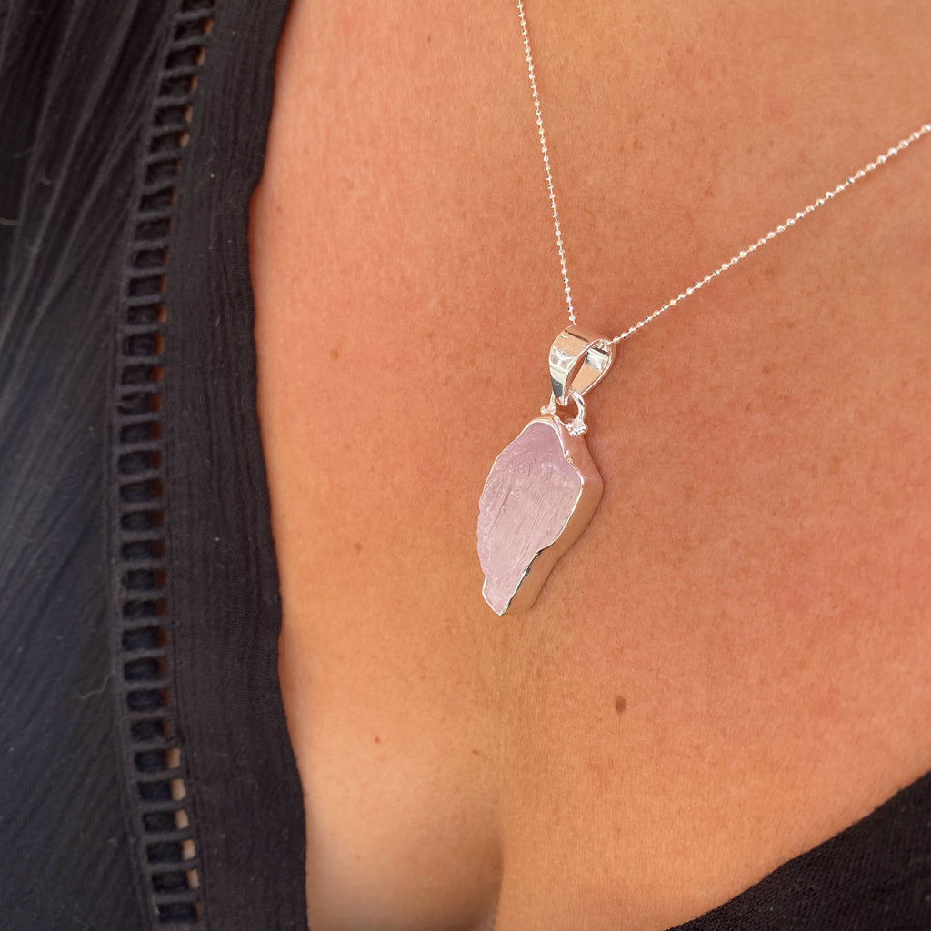 Uncut Kunzite Pendant Necklace | Rose Quartz Roughcut Gemstone Necklace