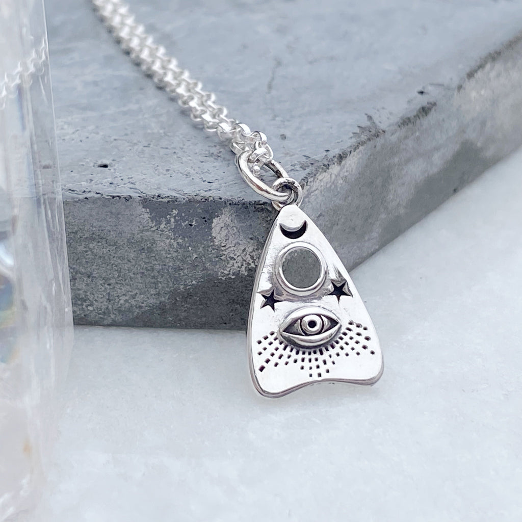 Silver Ouija Planchette Charm Necklace with All -Seeing Eye 