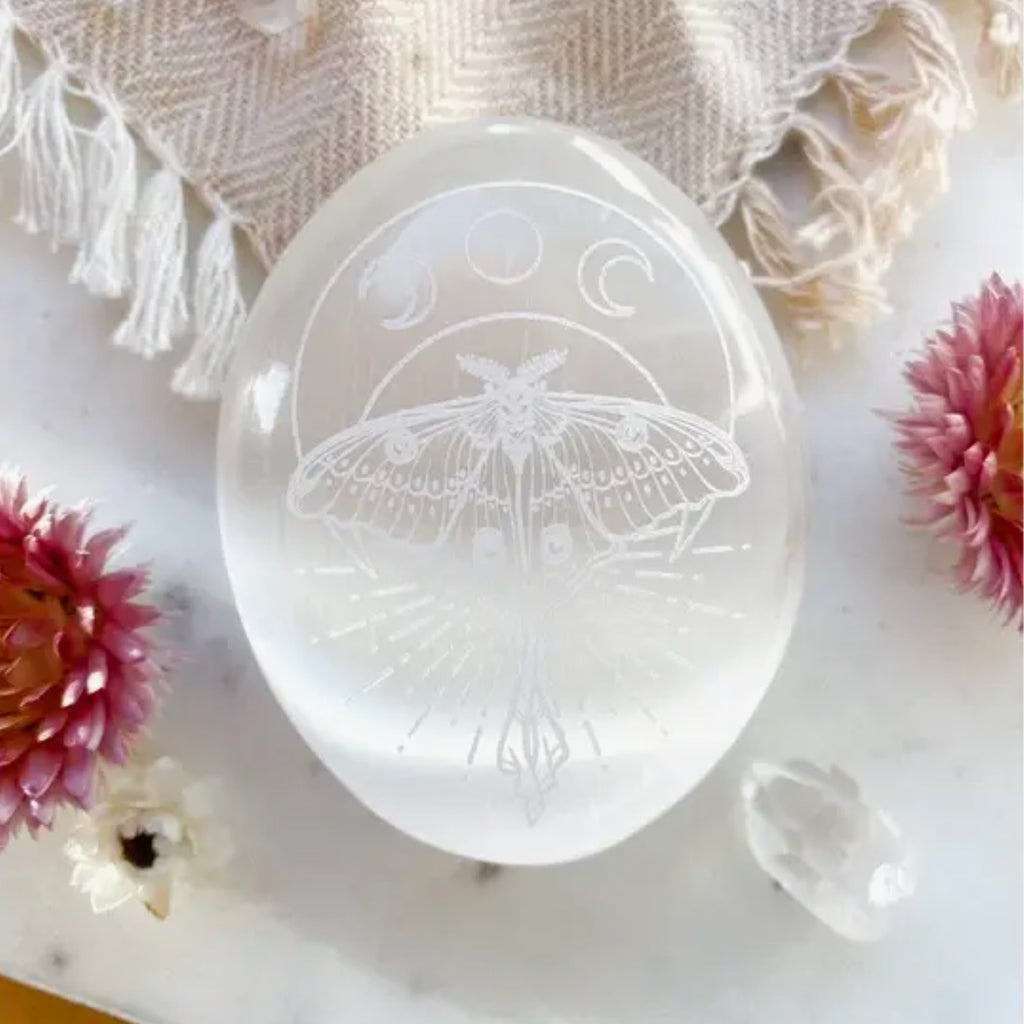 Etched Selenite Palmstone "Mystic Luna Moth"| Crystal Shop UK