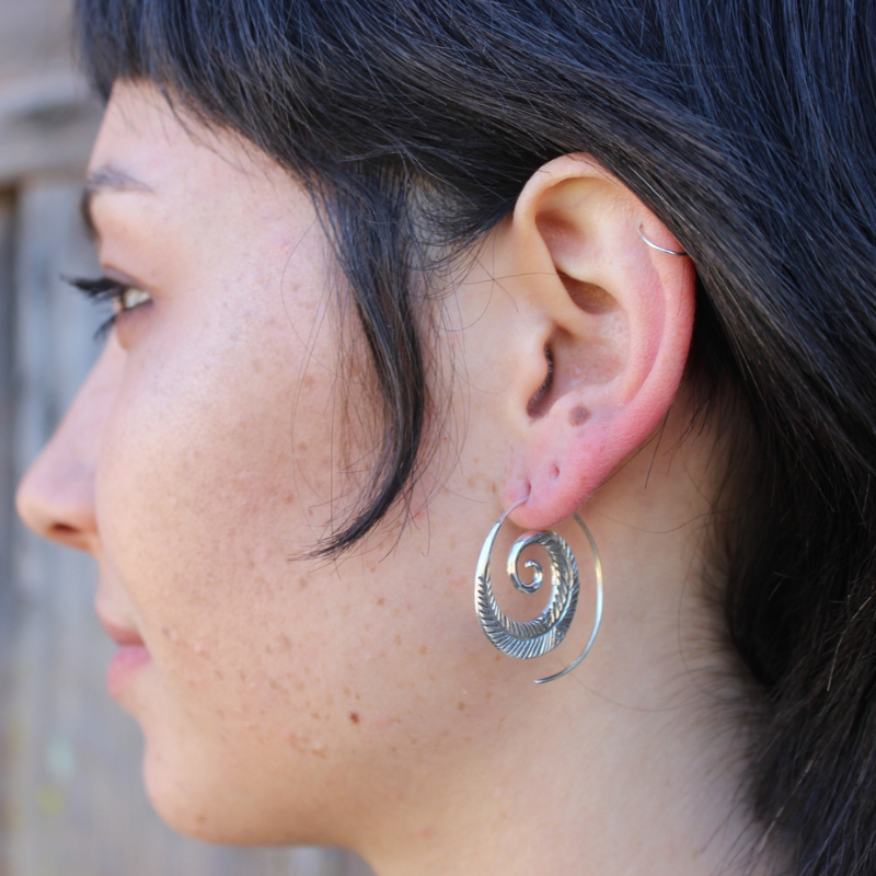 Hill Tribe Silver Feather Spiral Earrings - Earth and Elements Jewellery