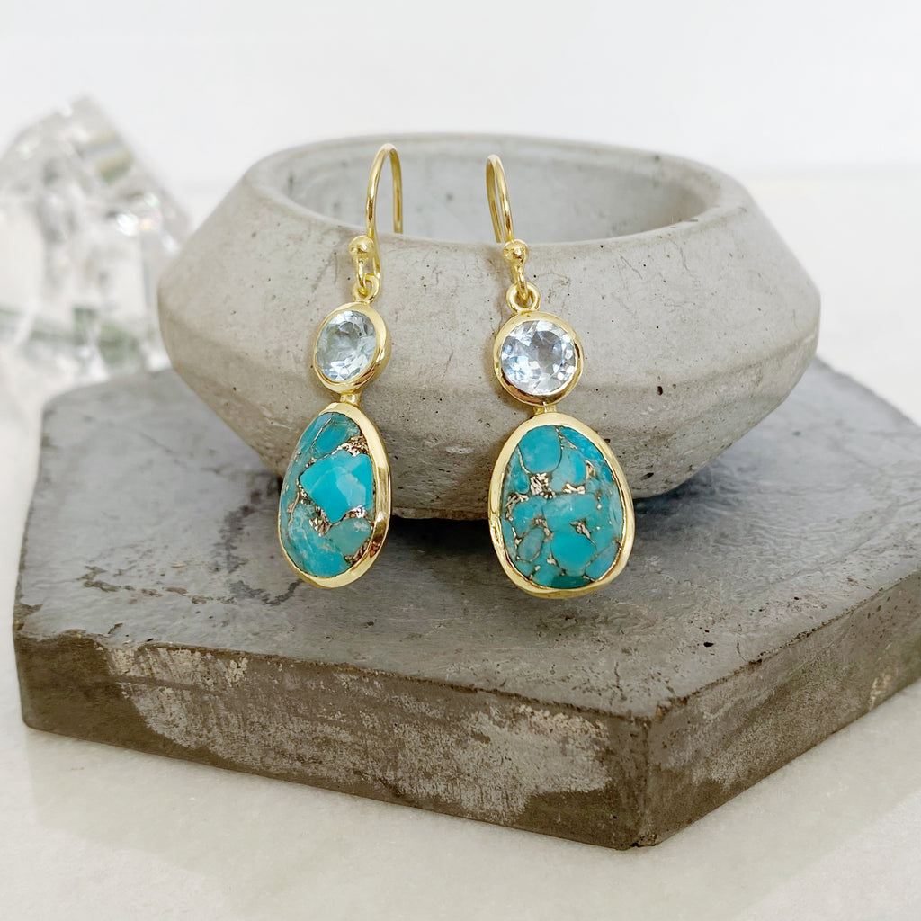 14K Gold Vermeil Copper Turquoise and Topaz Earrings | Turquoise Drops