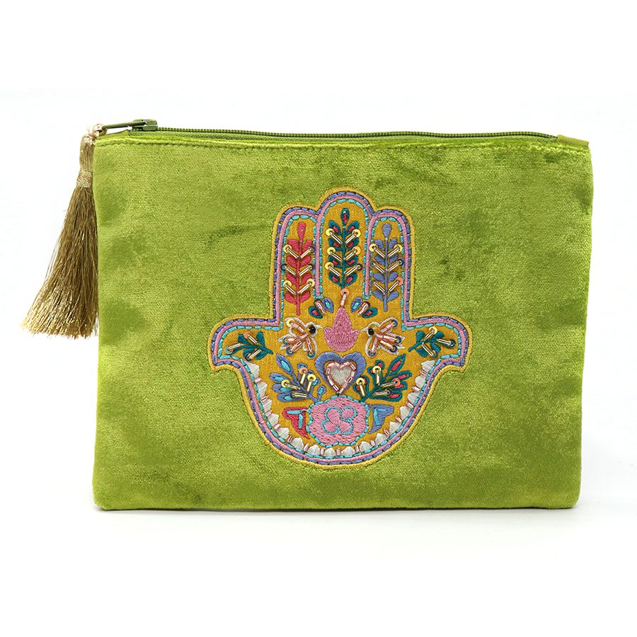 VELVET HAND OF HAMSA CLUTCH PURSE -LIME