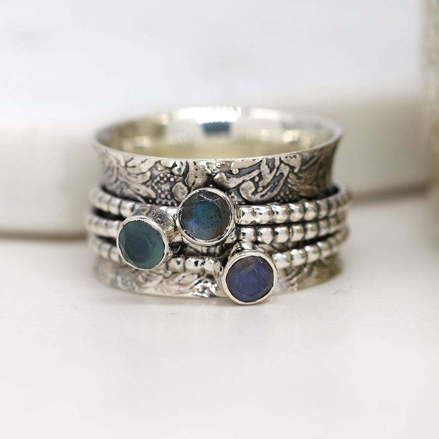 Raksha Moonstone, Chalcedony and Labradorite Spinner Ring 