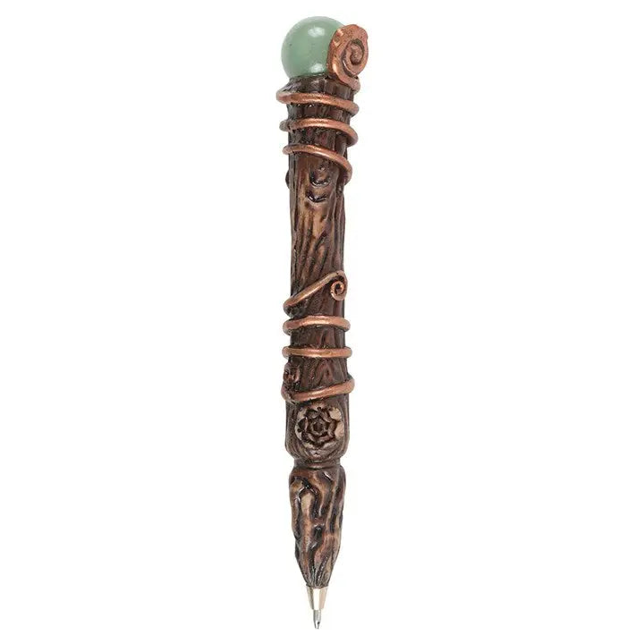 Decorative pen with wooden and copper design on a white background