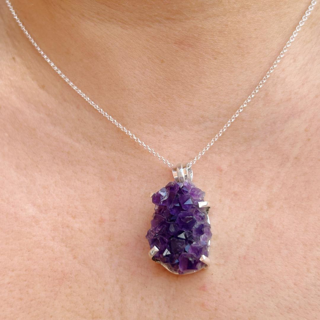 Amethyst Geode Cluster Crystal Silver Necklace