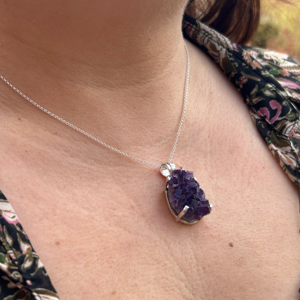 Amethyst Geode Cluster Crystal Silver Necklace