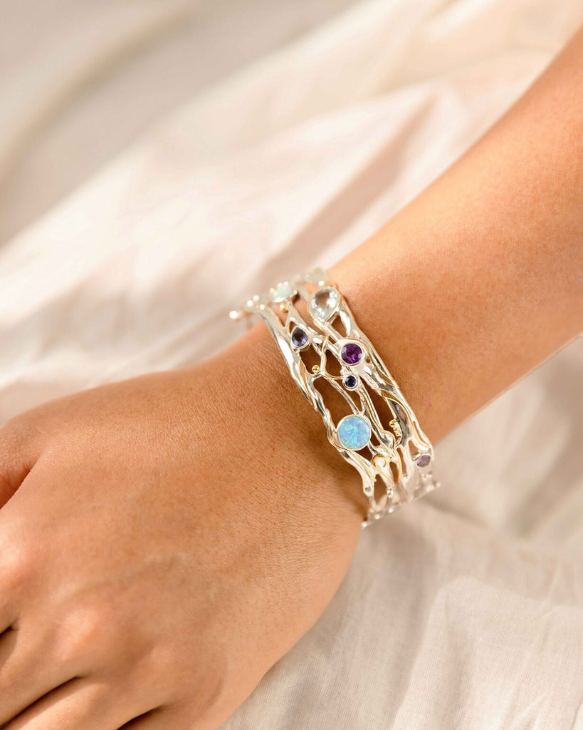 Mixed Gemstone Sterling Silver Bangle