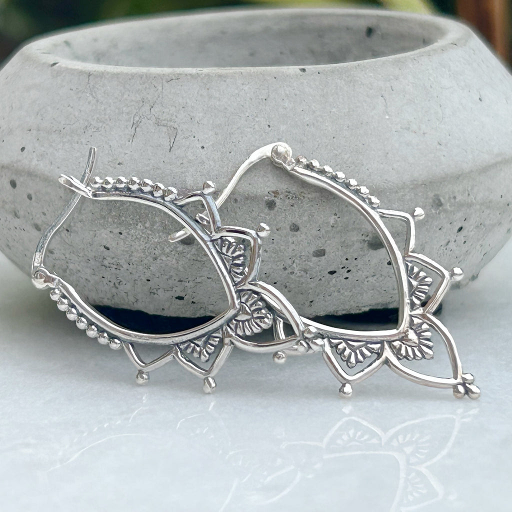 Sterling silver Bohemian style silver Mandala Hoop Earrings