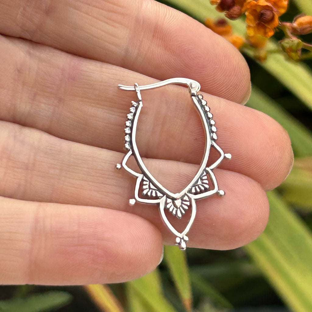 Sterling silver Bohemian style silver Mandala Hoop Earrings