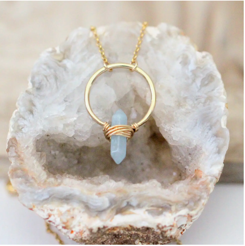 Crest Necklace - Gold Aquamarine Point Crystal Gemstone Necklace