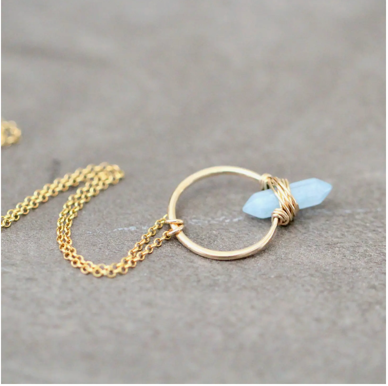 Crest Necklace - Gold Aquamarine Point Crystal Gemstone Necklace