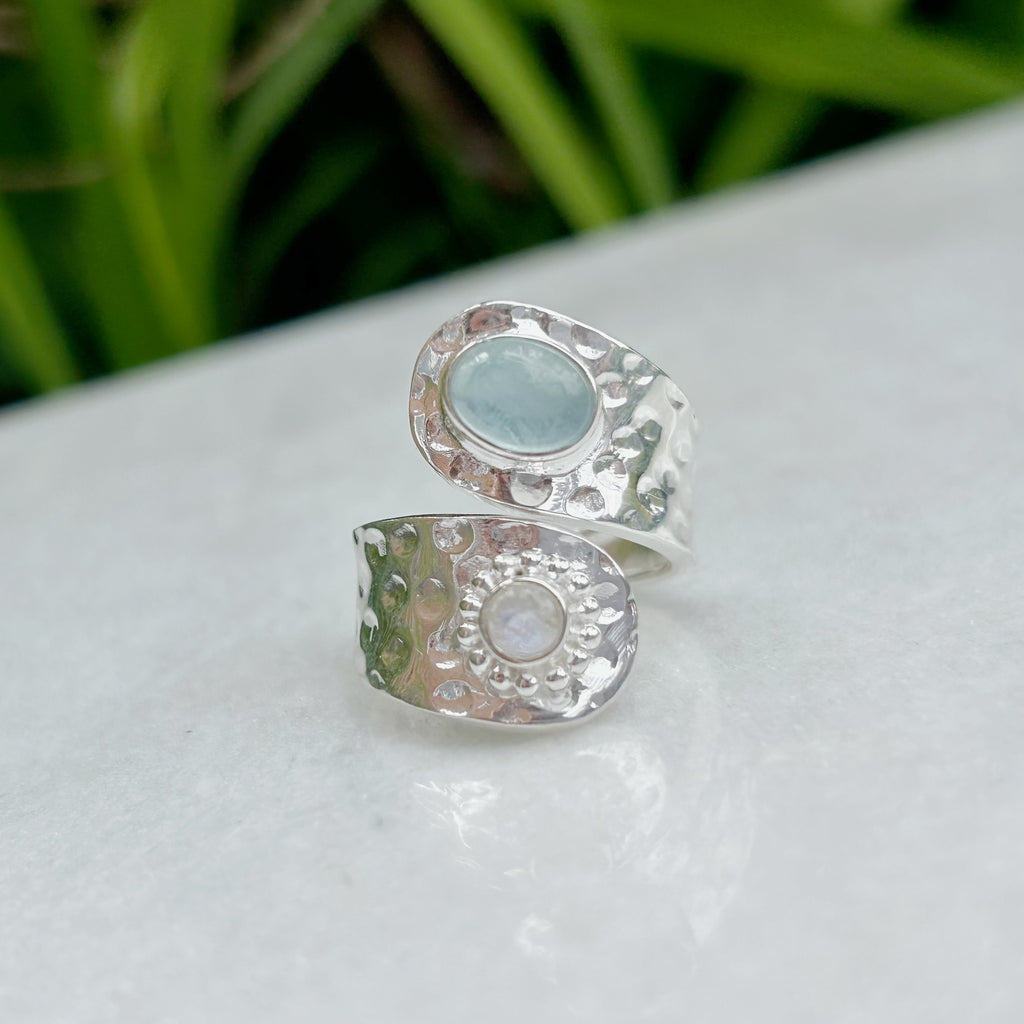 Silver Hammered Aquamarine Ring | Sterling Silver Adjustable Rings