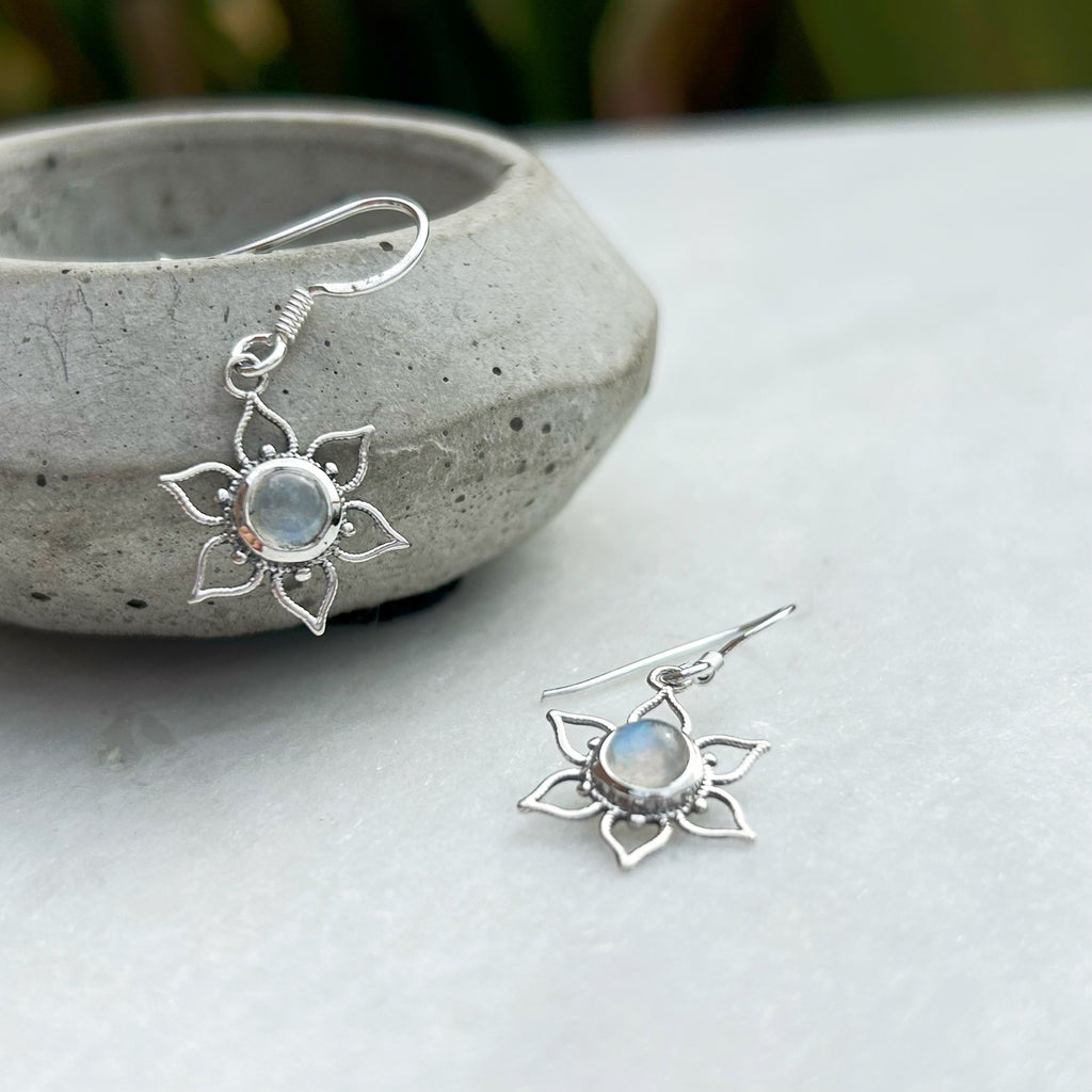 Lotus Flower Mandala Earrings - Silver and Moonstone