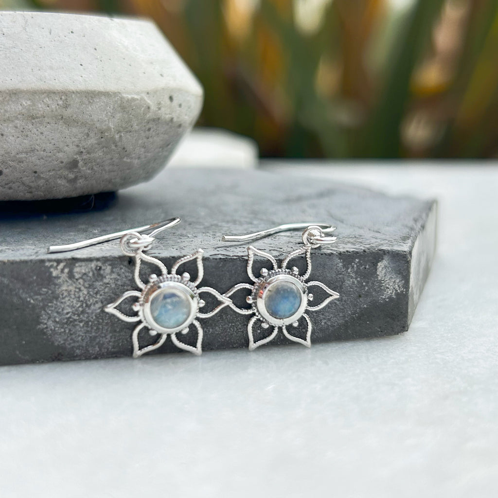 Lotus Flower Mandala Earrings - Silver and Moonstone