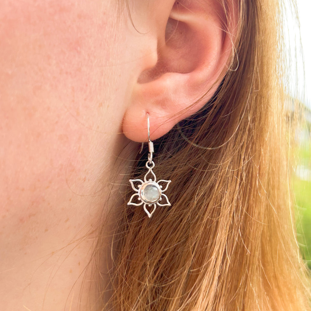 Lotus Flower Mandala Earrings - Silver and Moonstone