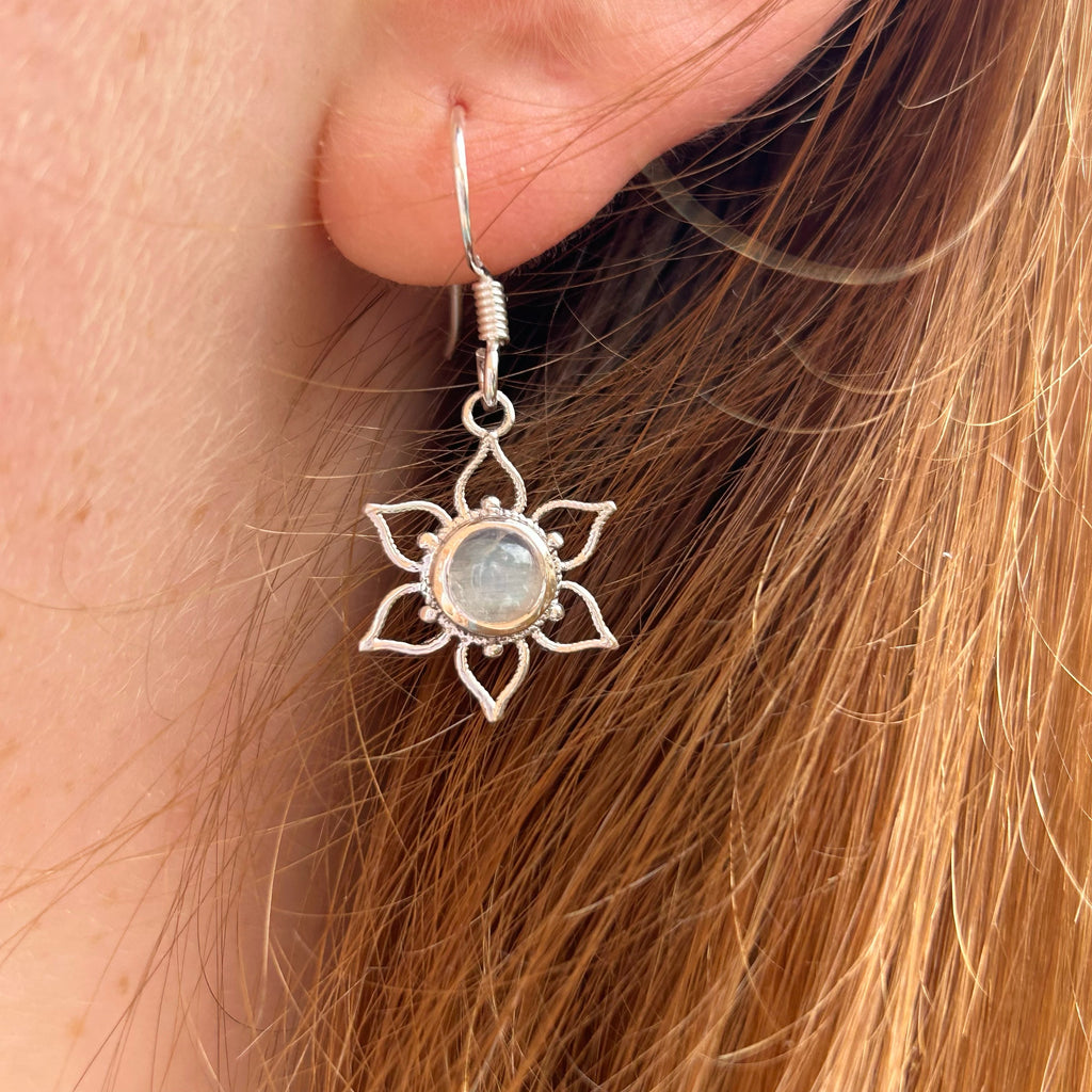 Lotus Flower Mandala Earrings - Silver and Moonstone