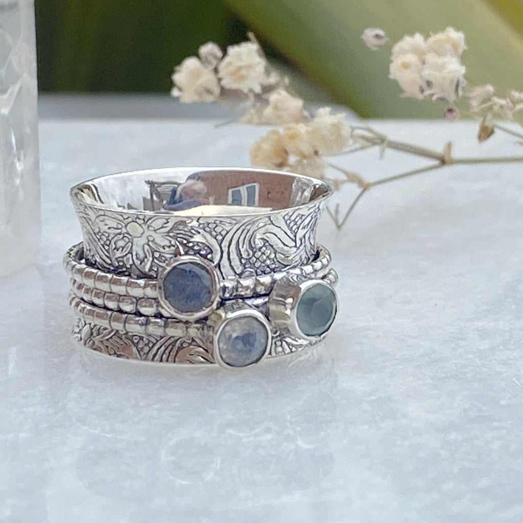 Raksha Moonstone, Chalcedony and Labradorite Spinner Ring 