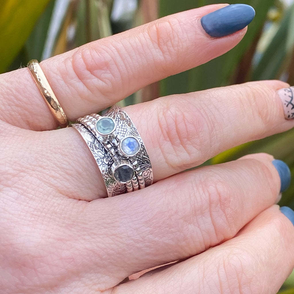 Raksha Moonstone, Chalcedony and Labradorite Spinner Ring 