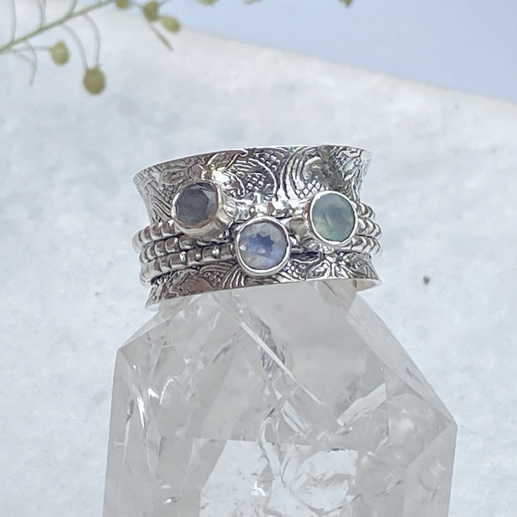 Raksha Moonstone, Chalcedony and Labradorite Spinner Ring 