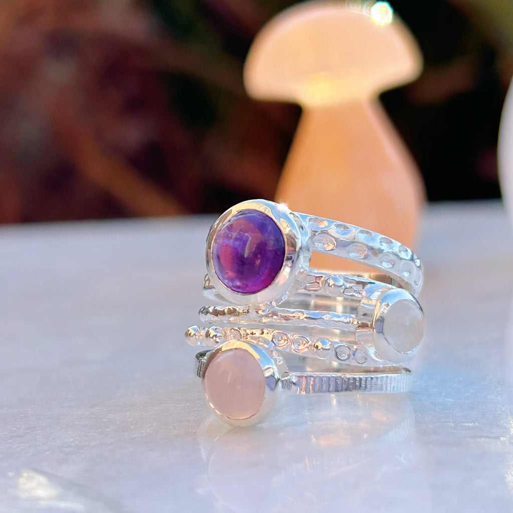 RUMI -Rose Quartz, Amethyst and Moonstone Ring -NEW