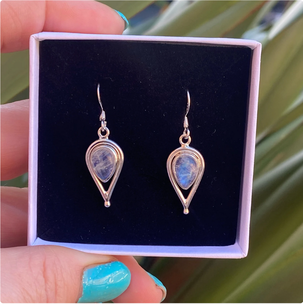 Moonstone Gemstone Teardrop Earrings -Silver Crystal Earrings