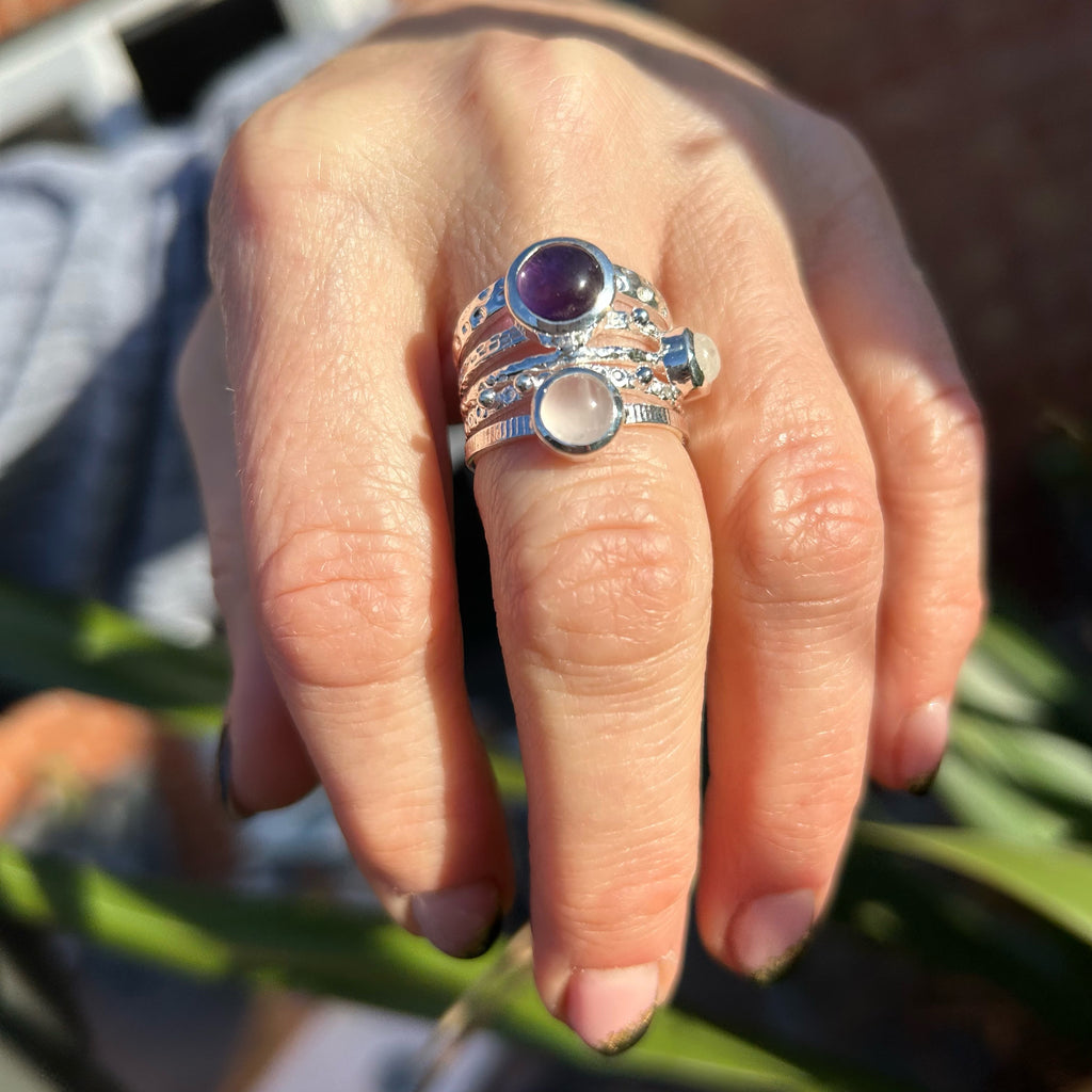 RUMI -Rose Quartz, Amethyst and Moonstone Ring -NEW