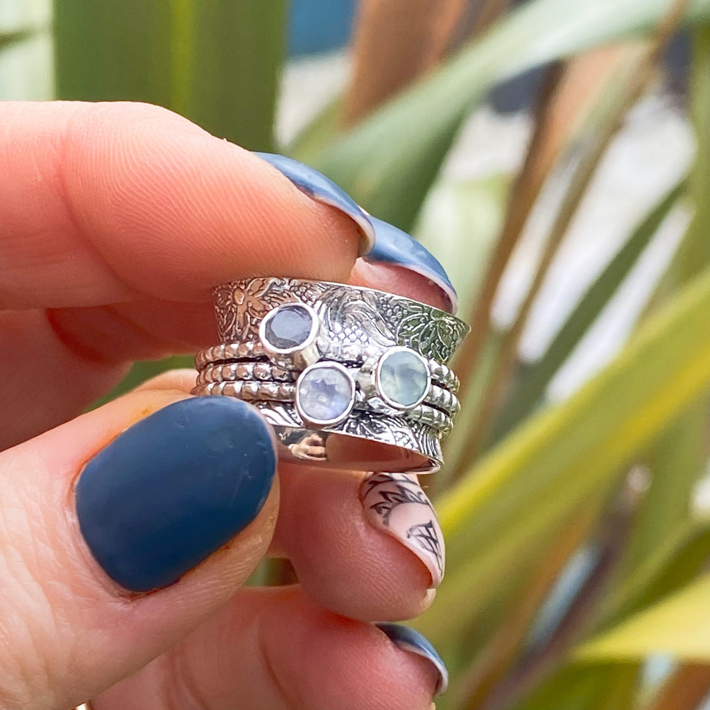 Raksha Moonstone, Chalcedony and Labradorite Spinner Ring 