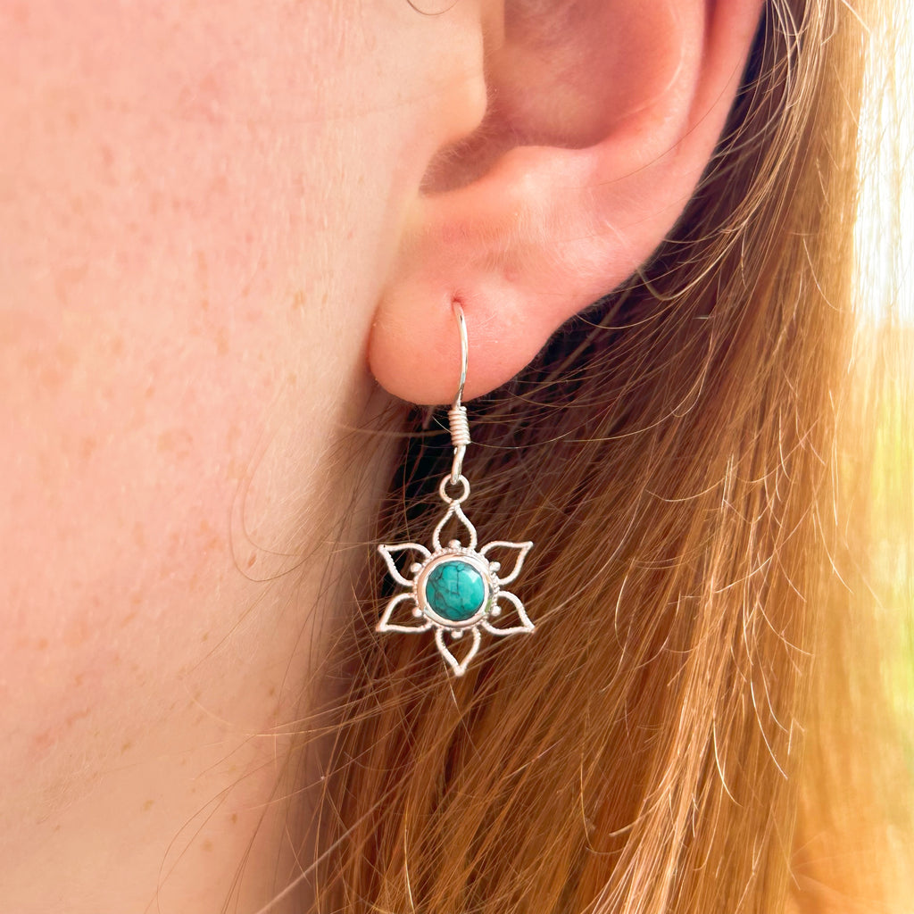 Lotus Flower Mandala Earrings - Silver and Turquoise