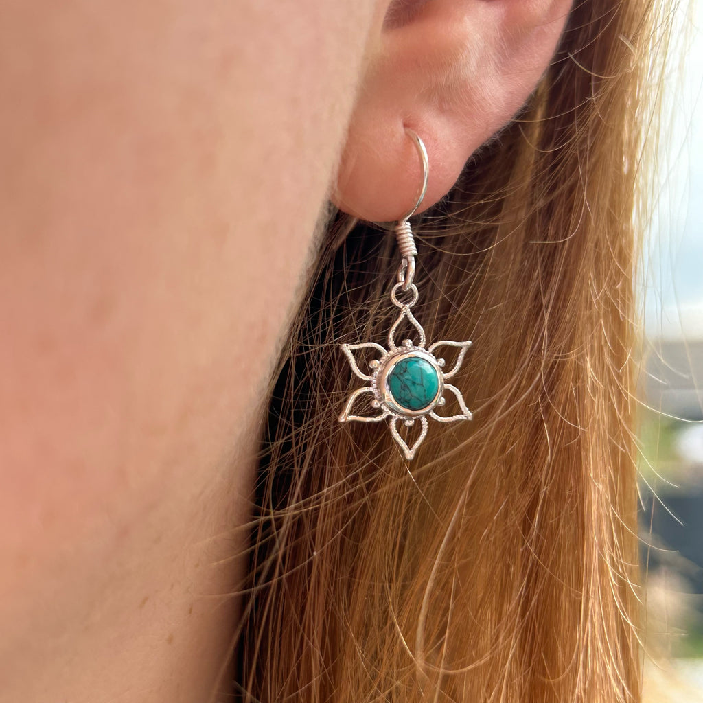 Lotus Flower Mandala Earrings - Silver and Turquoise