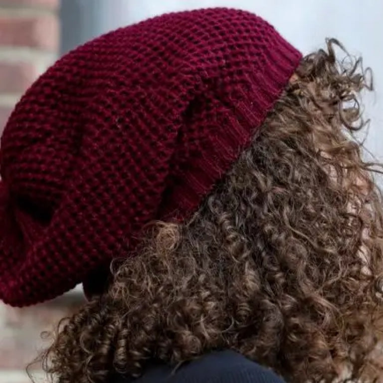 Waffle Knit Slouchy Beanie -Burgundy