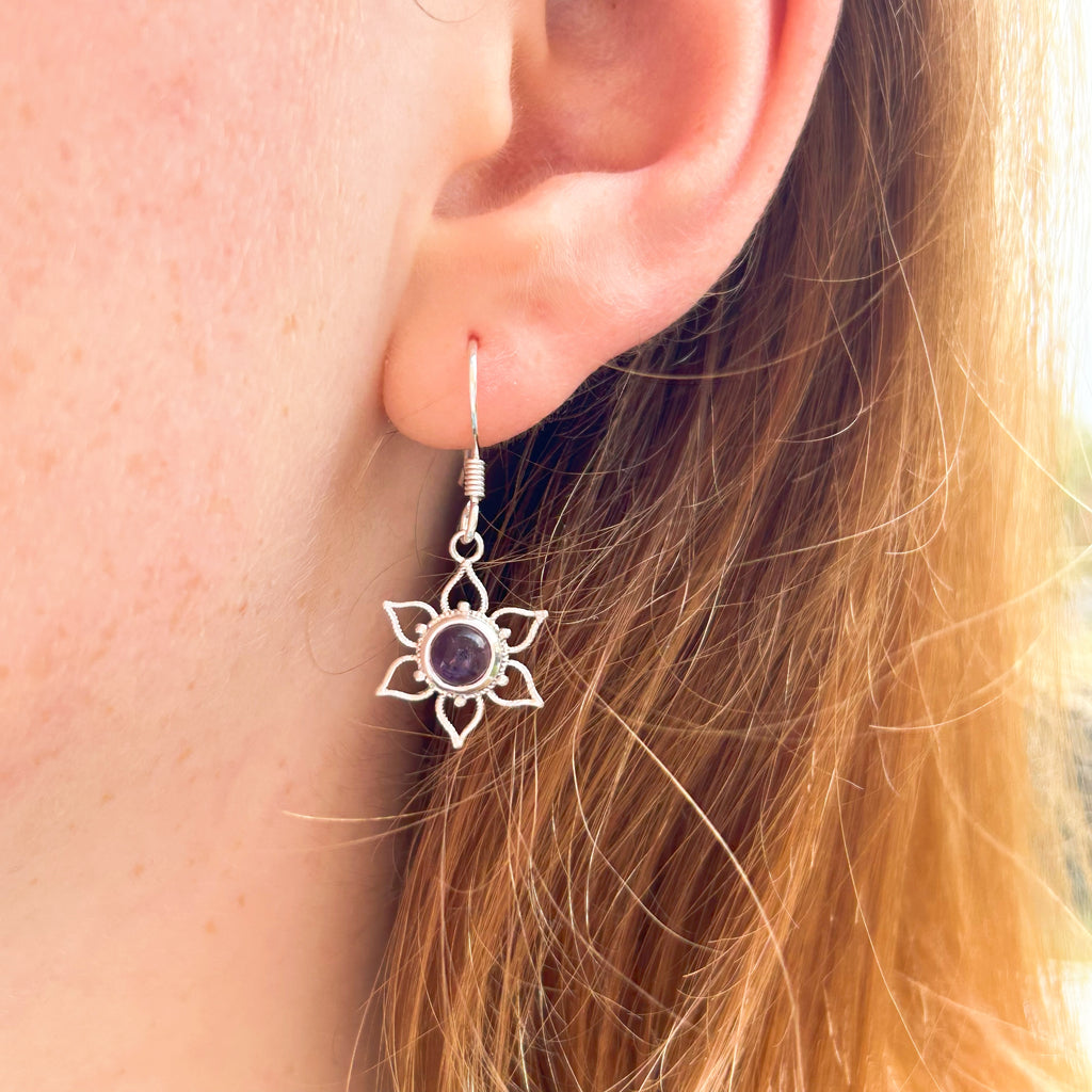 Lotus Flower Mandala Earrings - Silver and Amethyst