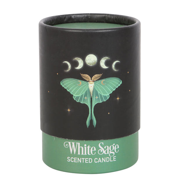 White Sage scented candle packaging with moth and moon phases design on a black and green background