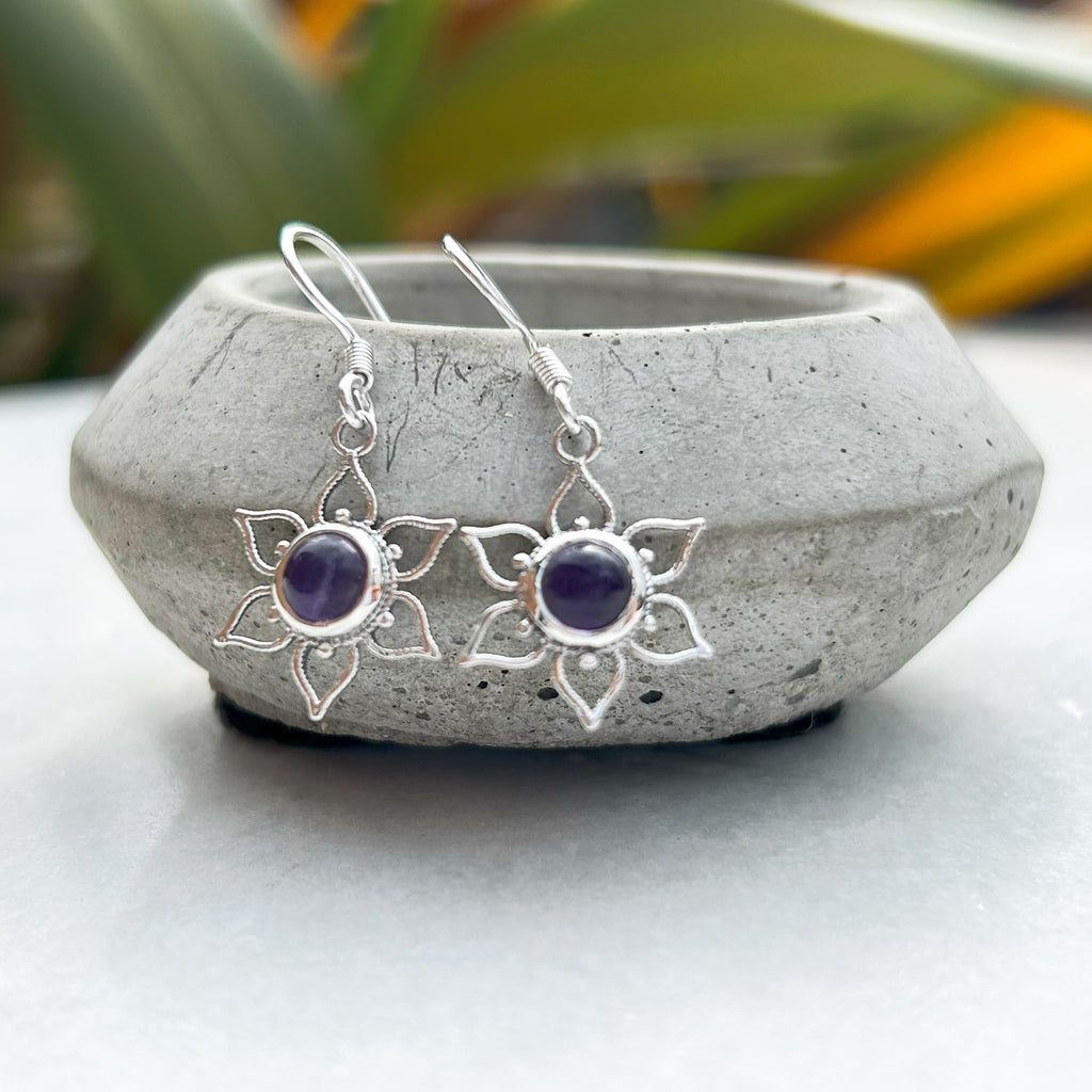Lotus Flower Mandala Earrings - Silver and Amethyst