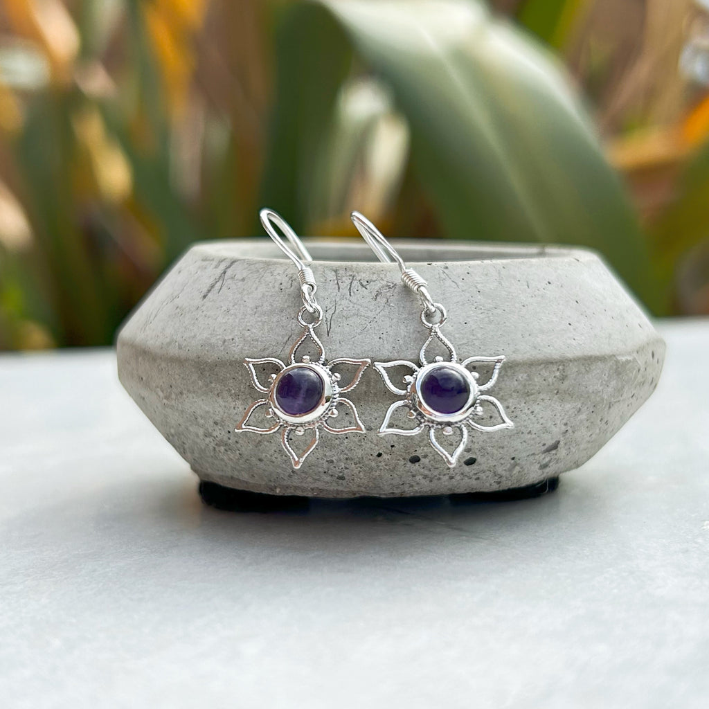 Lotus Flower Mandala Earrings - Silver and Amethyst