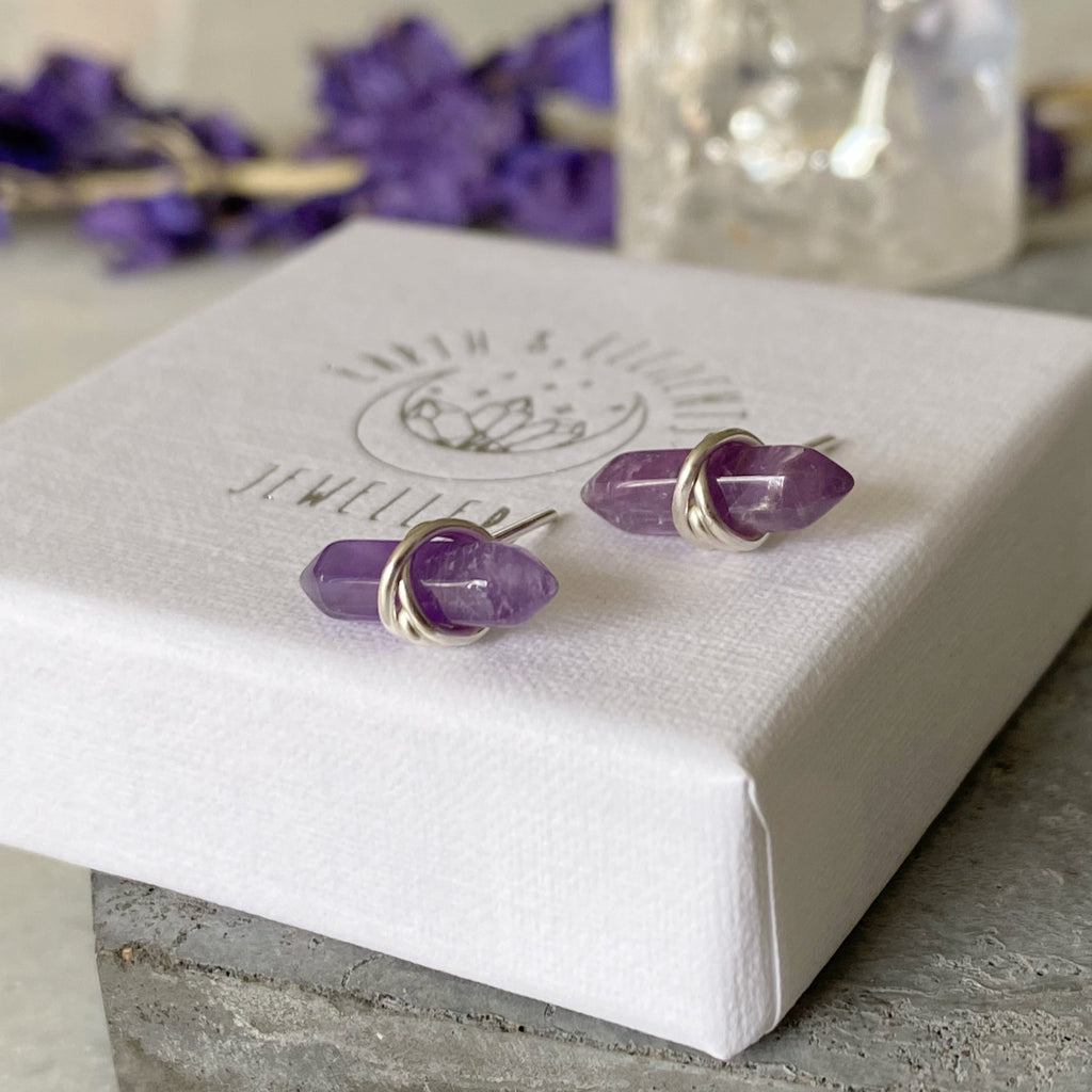 Amethyst Crystal Gemstone Silver Wrap Earrings