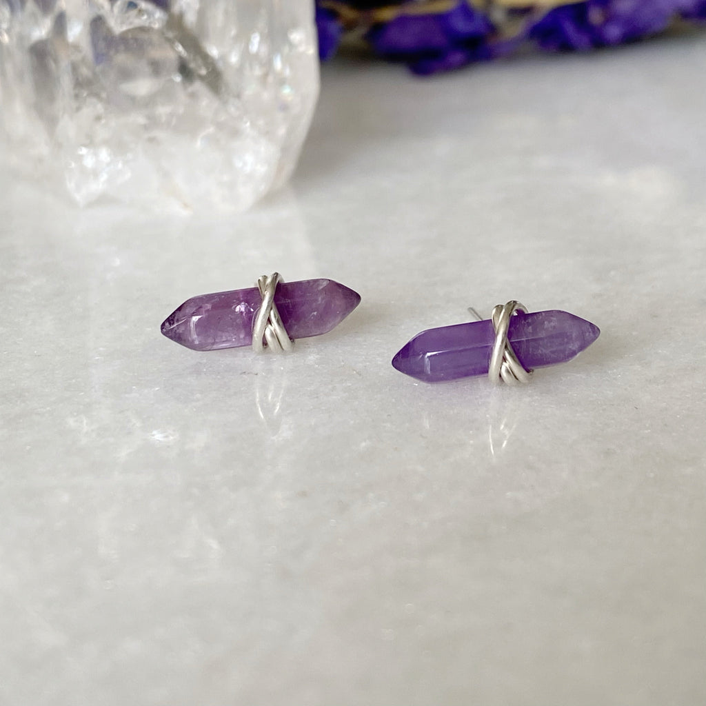 Amethyst Crystal Gemstone Silver Wrap Earrings