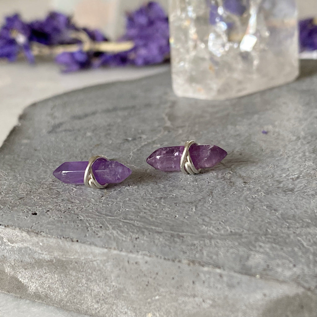 Amethyst Crystal Gemstone Silver Wrap Earrings