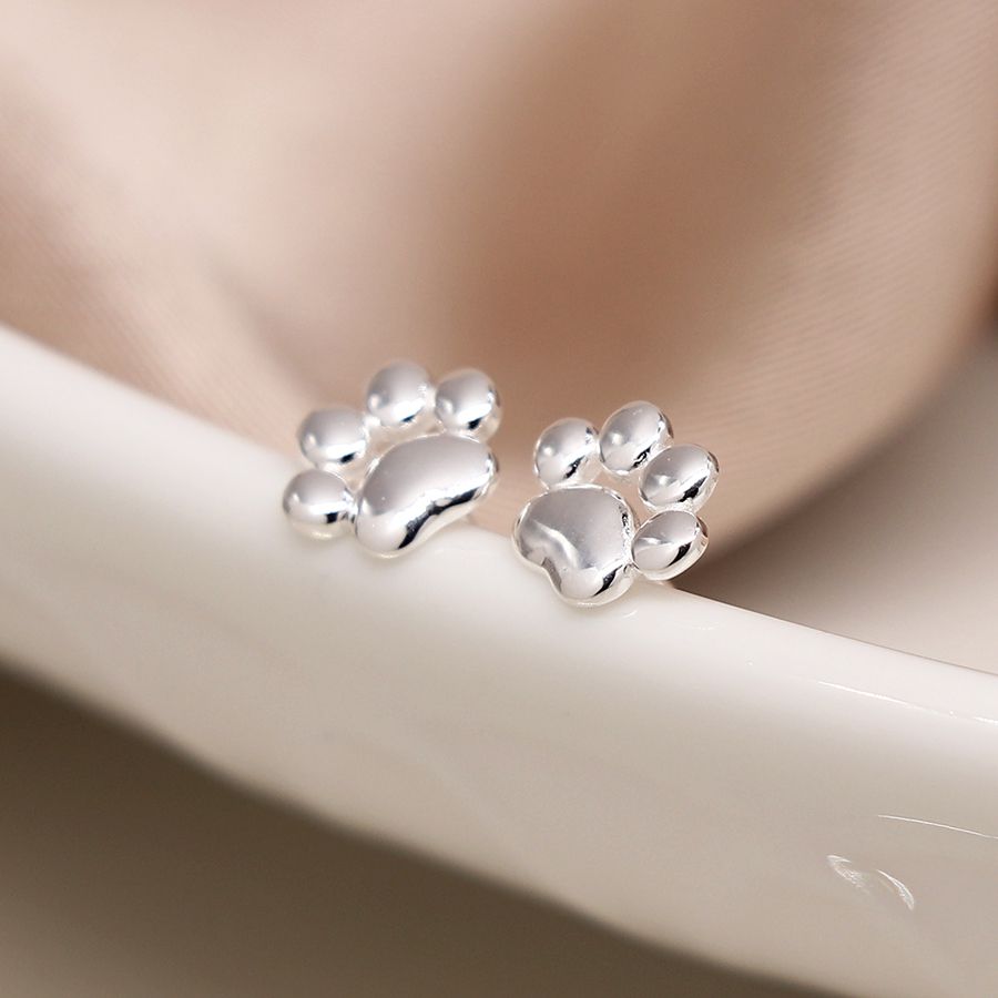 Tiny Silver Paw Print Stud Earrings