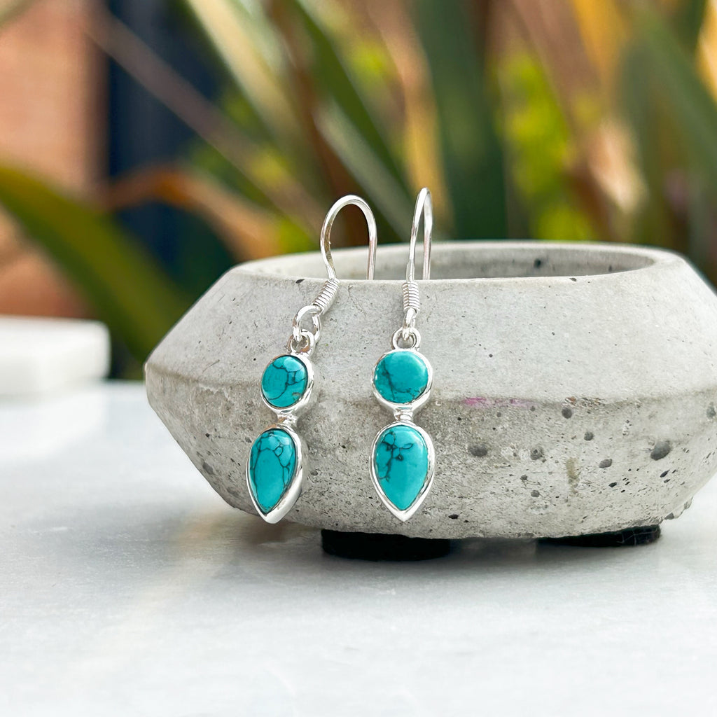 Dainty Turquoise Droplet Earrings | Sterling Silver Crystal Earrings